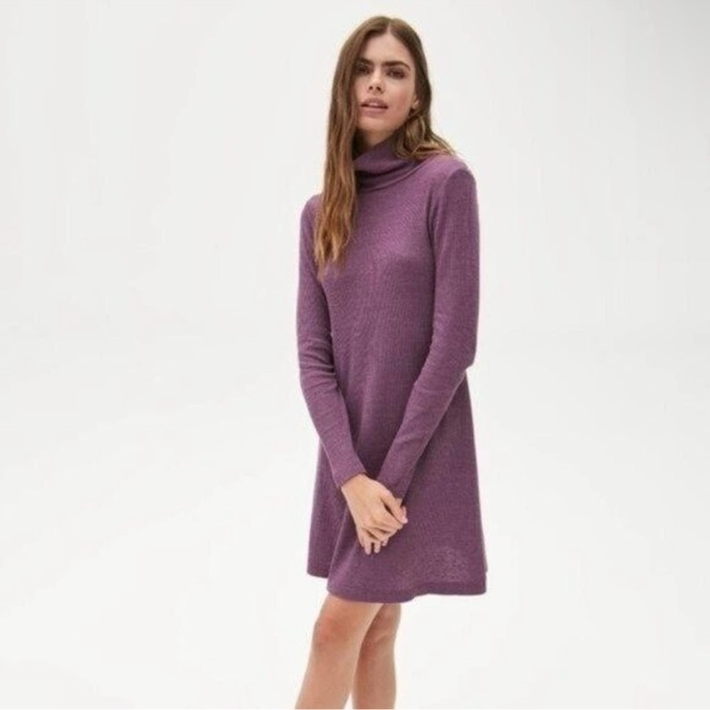 Michael Stars Purple Waffle Knit Cowl Neck Long Sleeve Mini Dress
